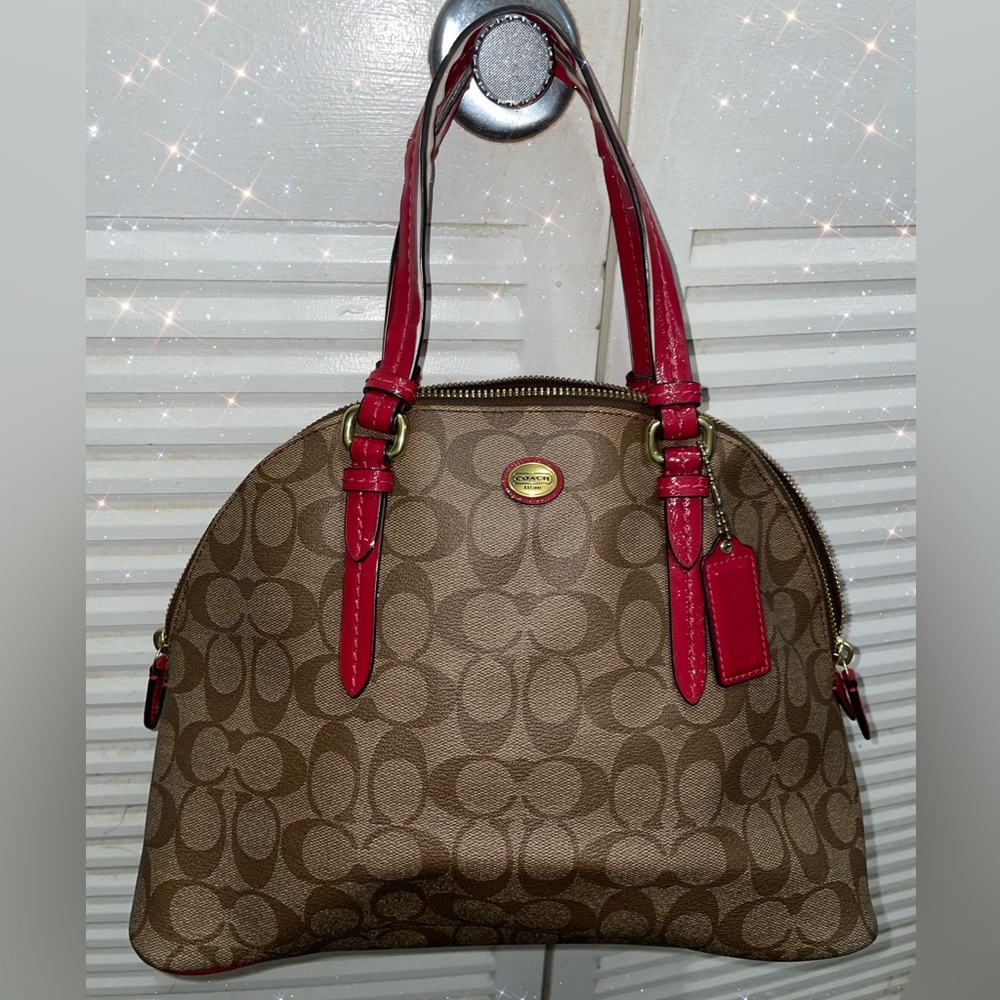 Coach Peyton Signature Cora Domed Satchel  Handbag Khaki Red No G1381-F24606